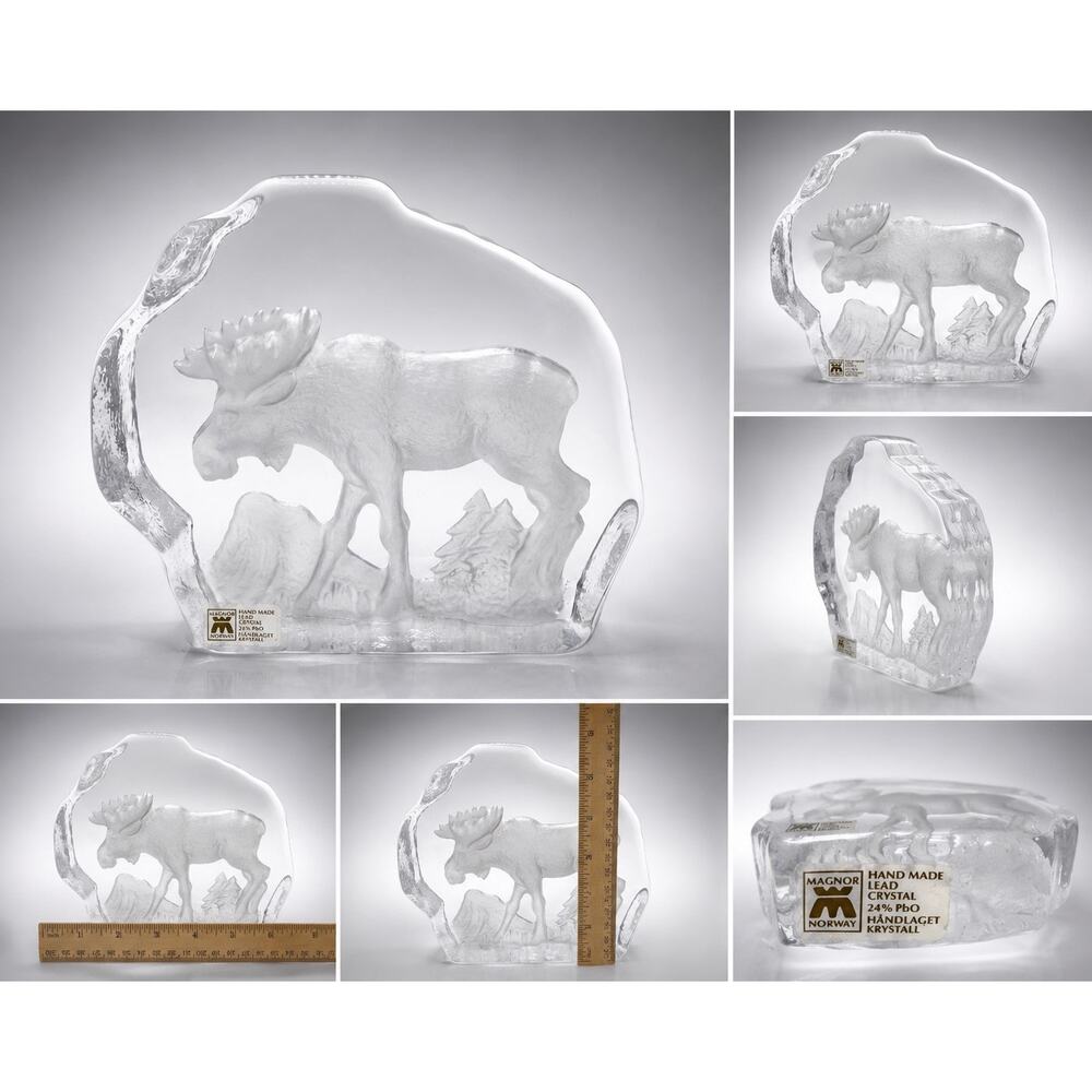 Vintage Magnor Norway Lead Crystal Moose Sculpture Paperweight Signed Handmade